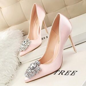 Big Tree Rhinestone Pointed Toe Satin High Heels - Like New Condition